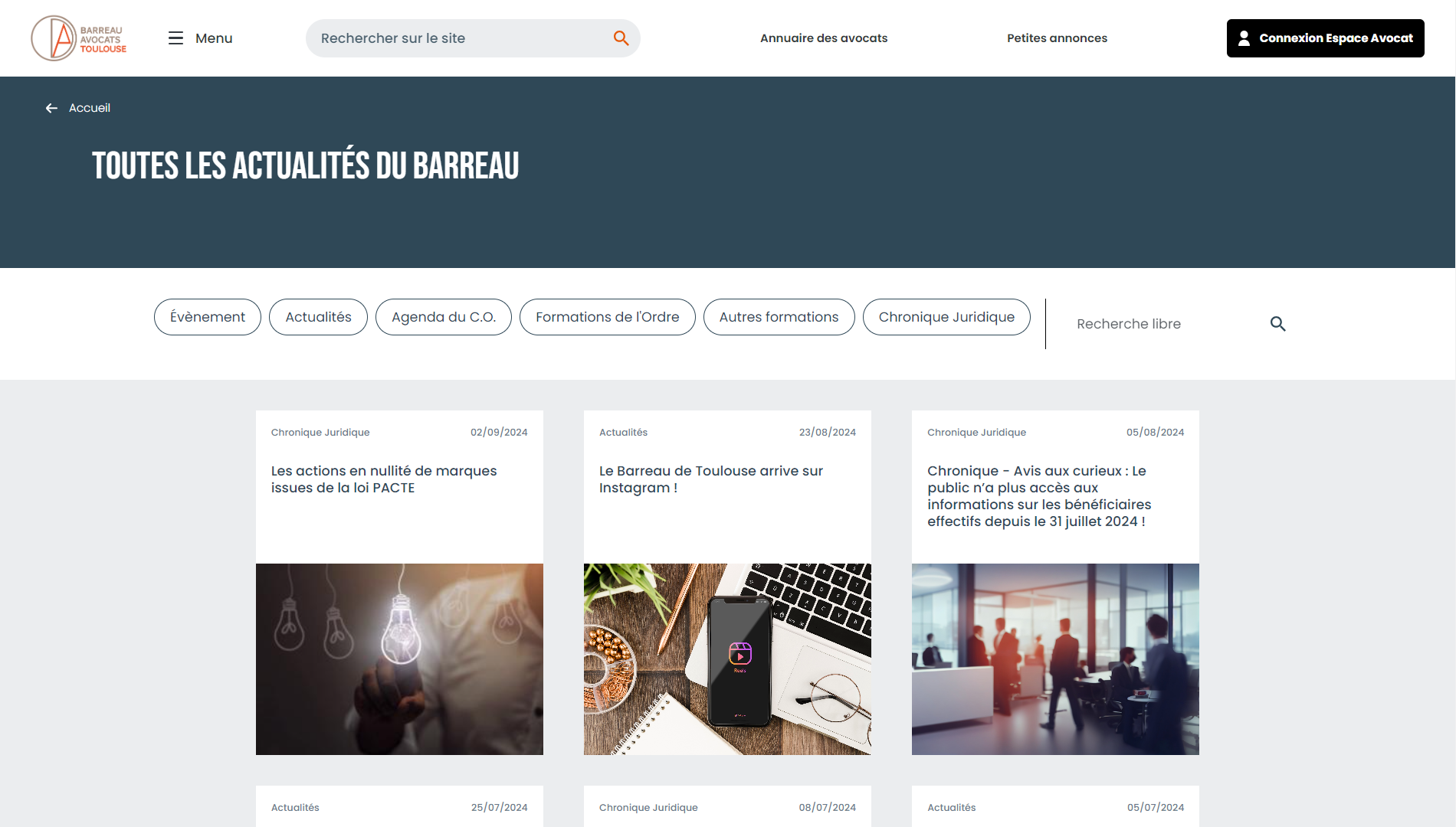 site web Barreau des Avocats de Toulouse navigation événements actualités formation chroniques