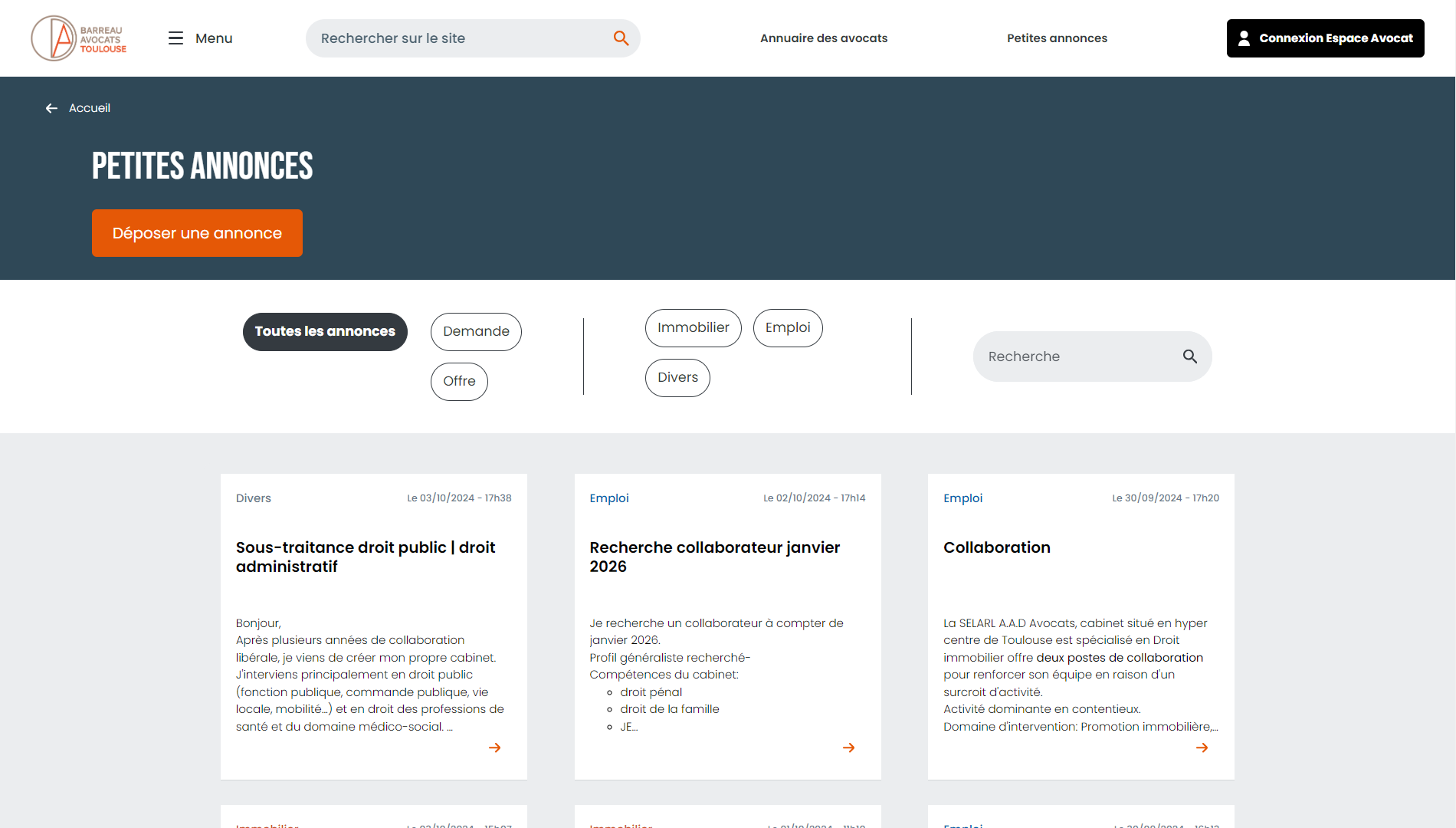 site web Barreau des Avocats de Toulouse annonces juridiques offres emplois services