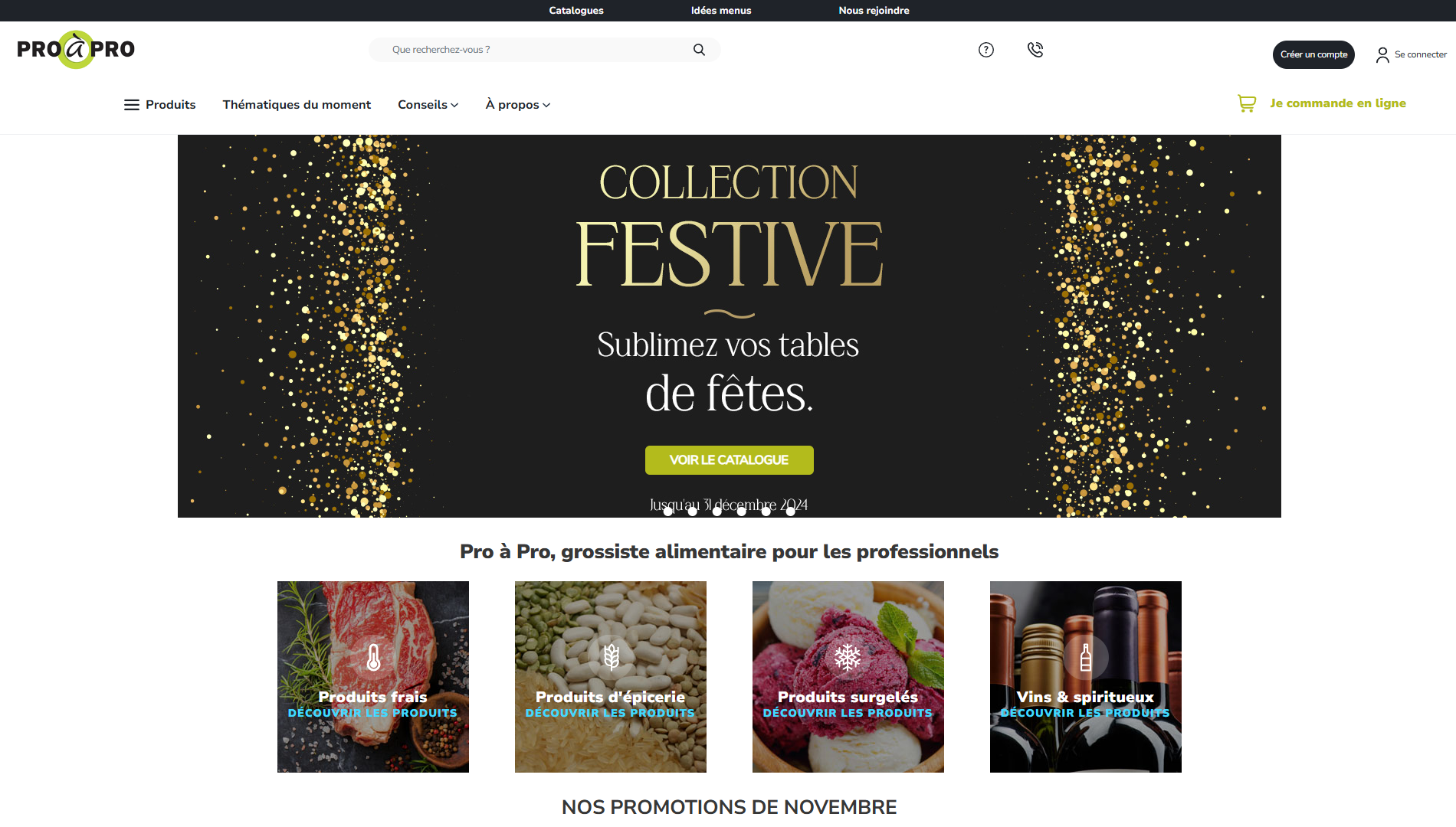 site e-commerce Pro à Pro collection festive produits frais épicerie surgelés vins promotions novembre