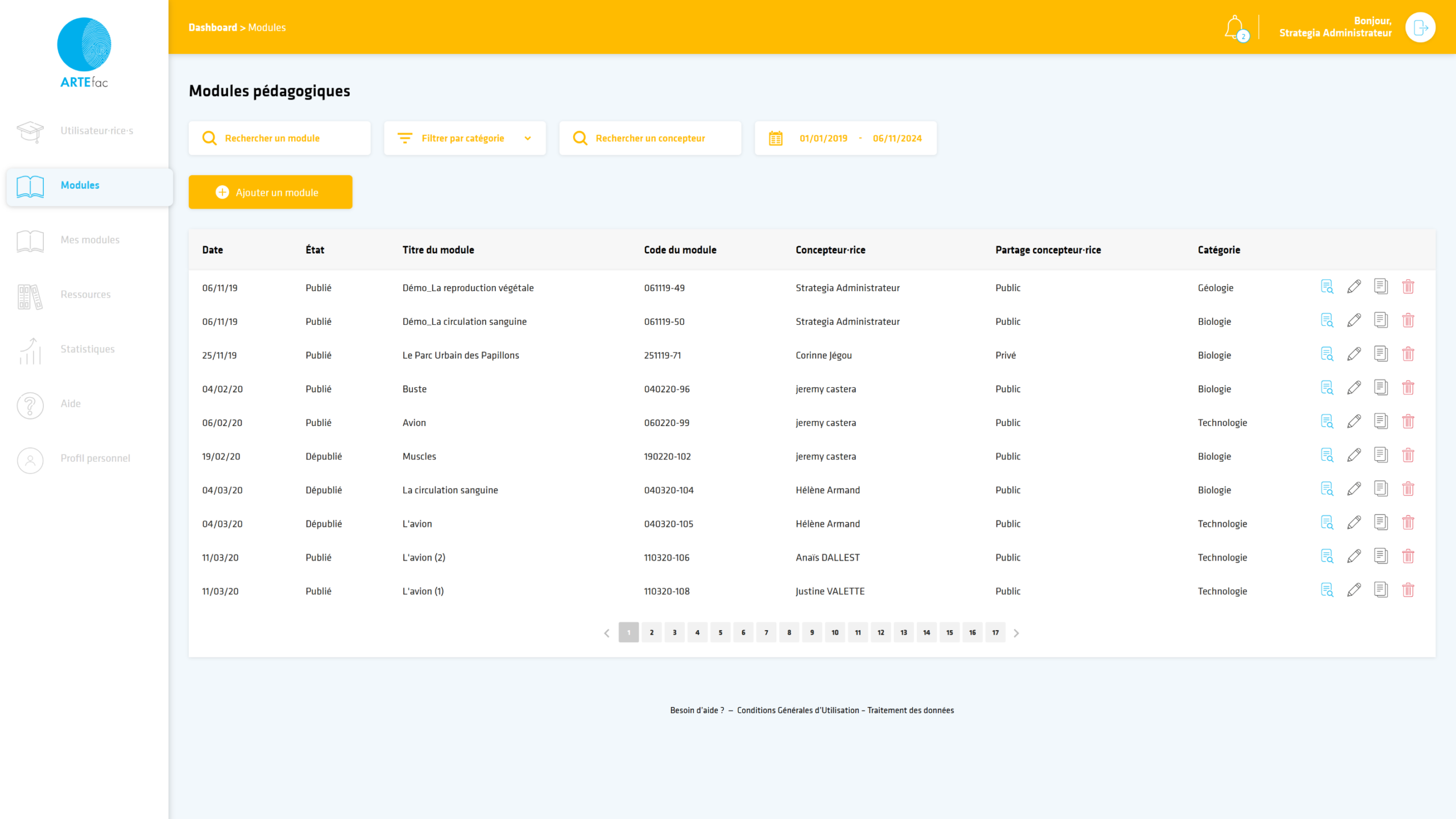 interface back-office ARTEfac module pédagogique administration