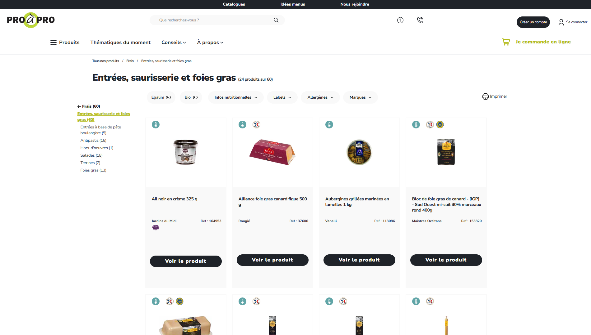 site e-commerce Pro à Pro entrées saurisserie foies gras produits alimentaires.