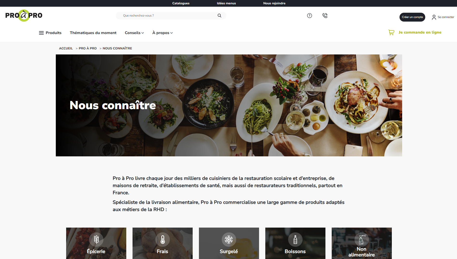 site e-commerce Pro à Pro page Nous connaître services livraison alimentaire France produits RHD