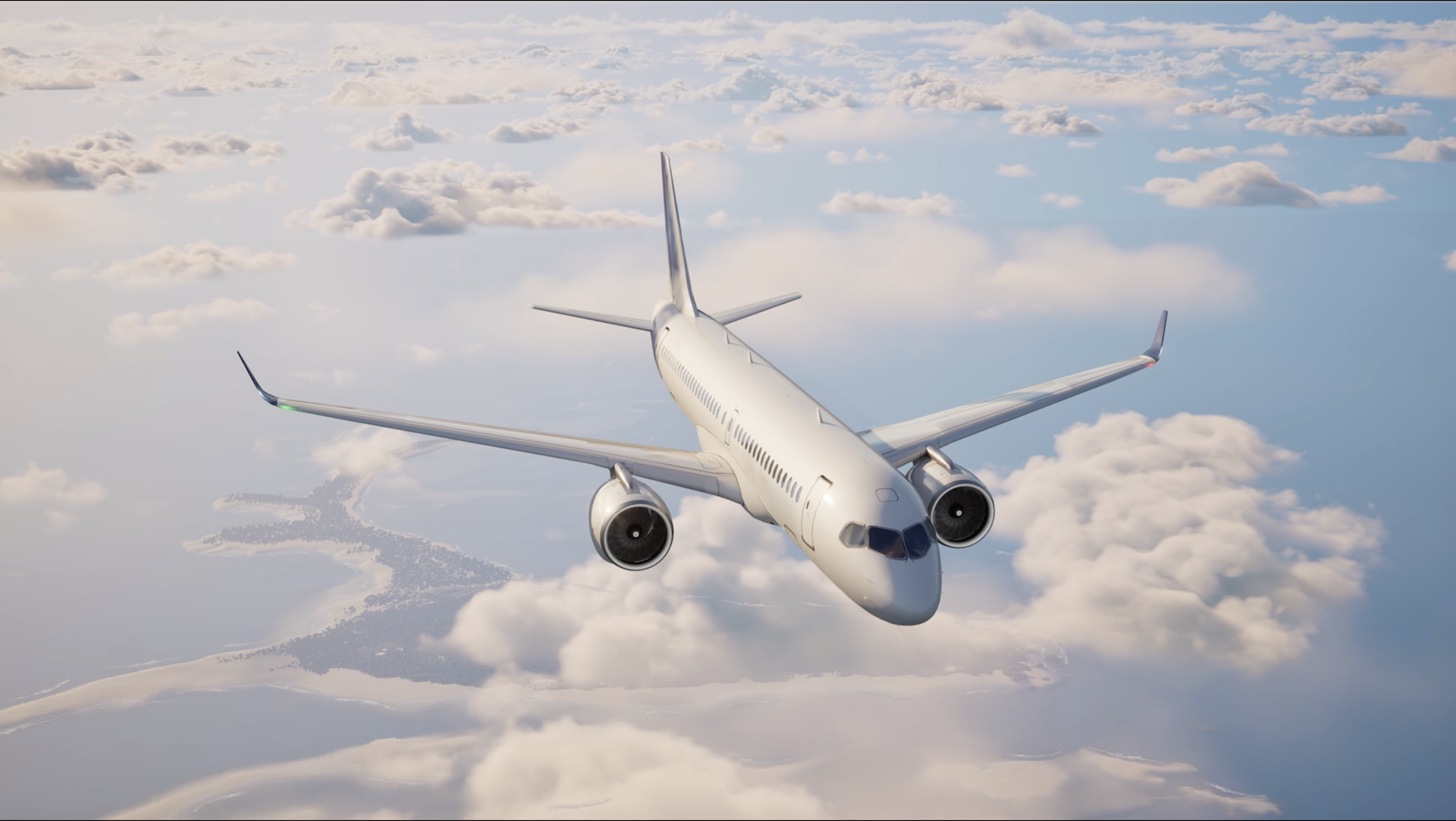 Rendu 3D, avion de ligne, Airbus A220, blanc, plein vol, nuages, paysage côtier, simulation aéronautique