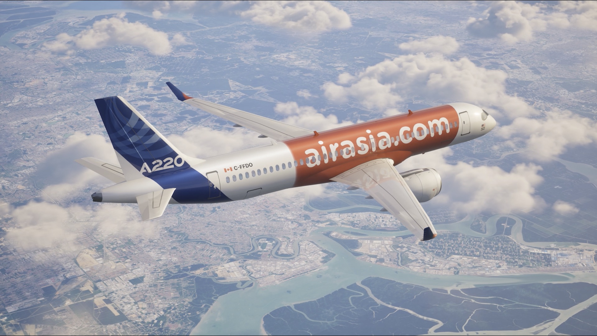 Simulation de vol, Airbus A220, compagnie AirAsia, livrée rouge, vue aérienne, estuaire, modélisation 3D, design graphique