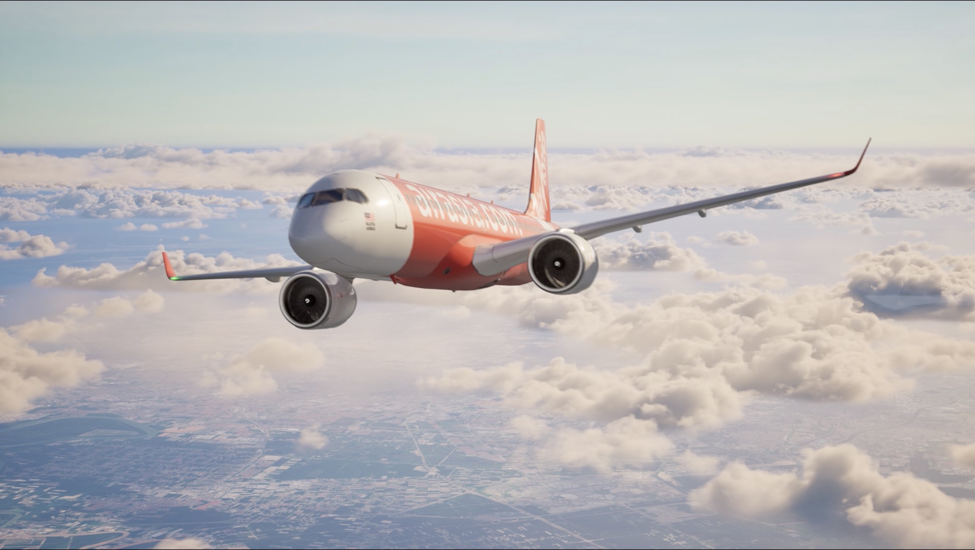 Avion AirAsia, Airbus A220, vue de face, vol de croisière, survol de ville, nuages, rendu réaliste, intégration 3D