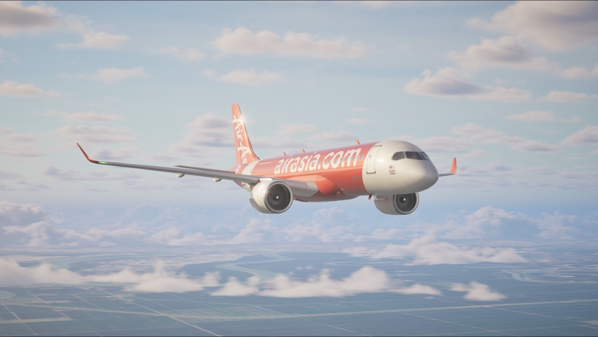 Modélisation 3D, Airbus A220, AirAsia, avion de profil, ciel bleu, paysage, simulation aéronautique, projet digital